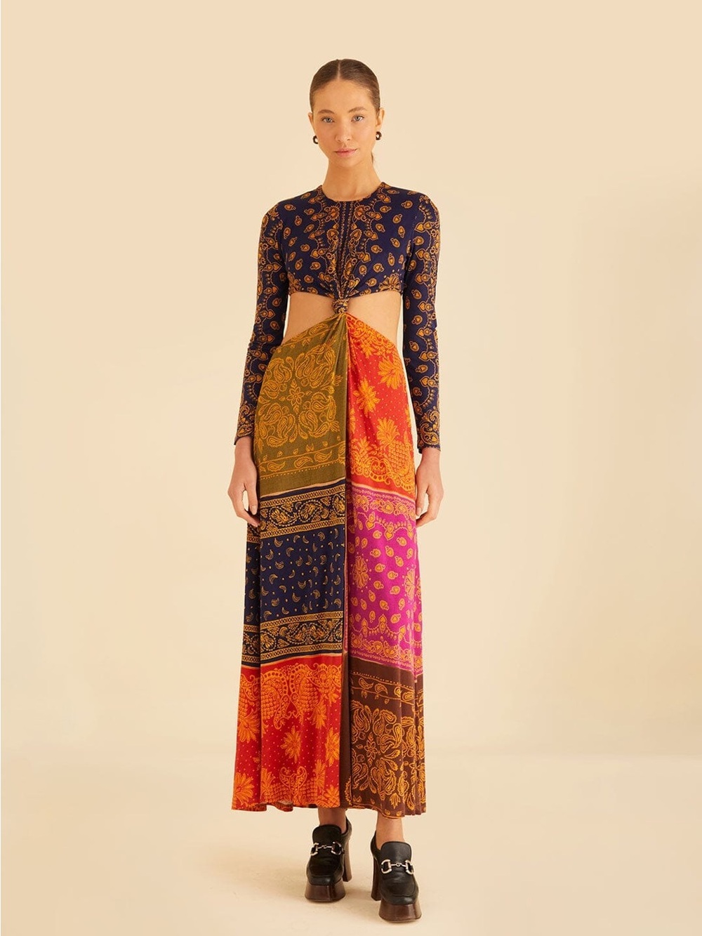 Farm Rio Multicolor Bandana Dream Cut Out Maxi Dress Size Medium NWT